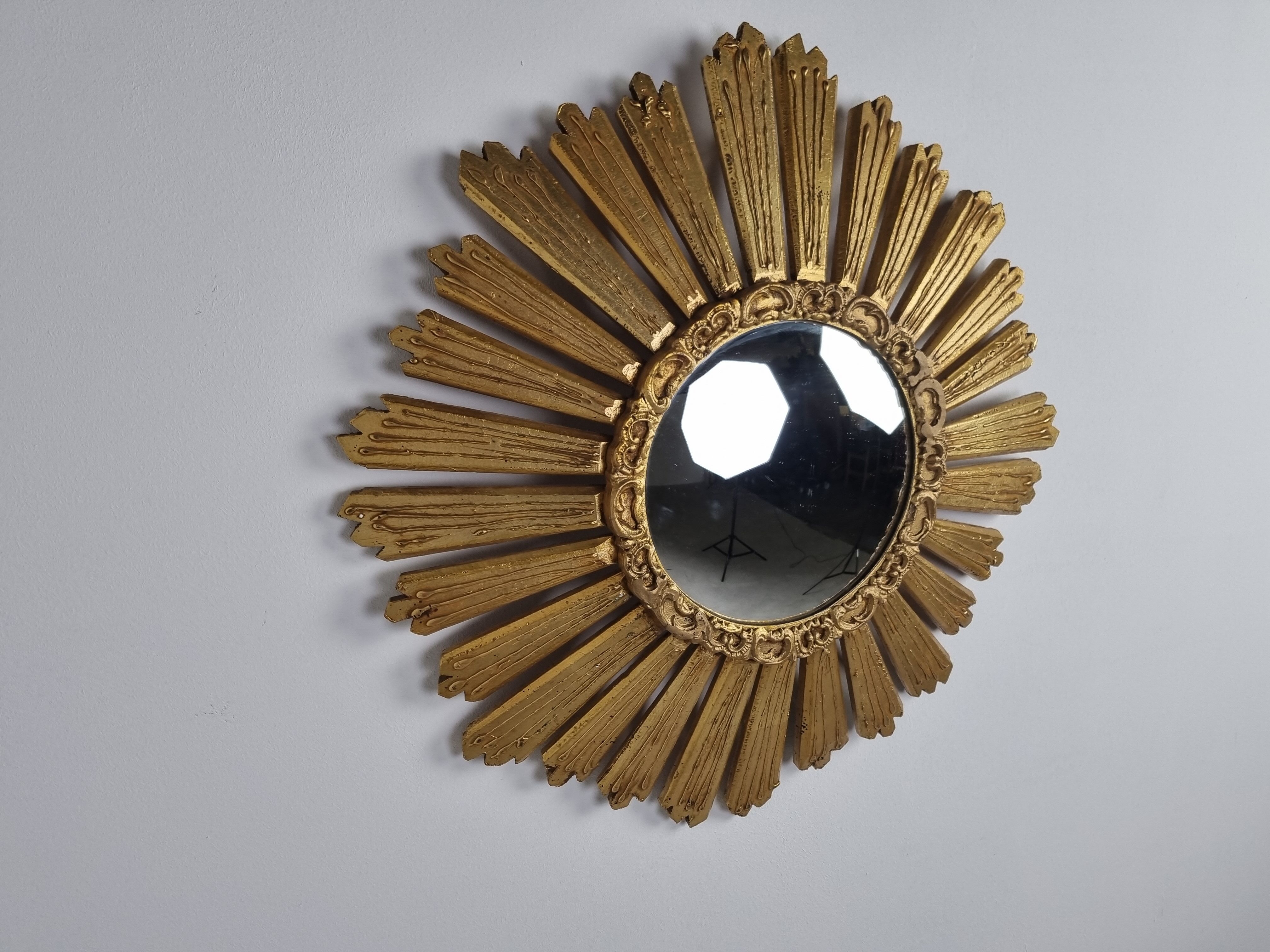 Large vintage golden sunburst mirror 1960s 63cm
