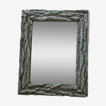 Old mirror, wooden bark frame with rustic patina, 65 cm by 50 cm