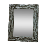 Old mirror, wooden bark frame with rustic patina, 65 cm by 50 cm