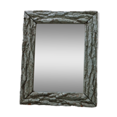 Old mirror, wooden bark frame with rustic patina, 65 cm by 50 cm
