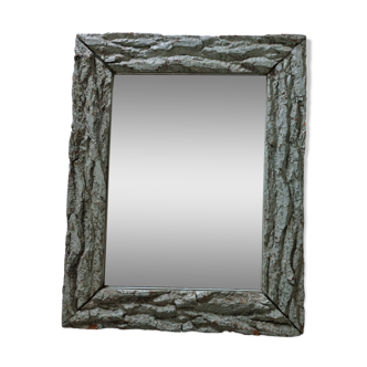 Old mirror, wooden bark frame with rustic patina, 65 cm by 50 cm