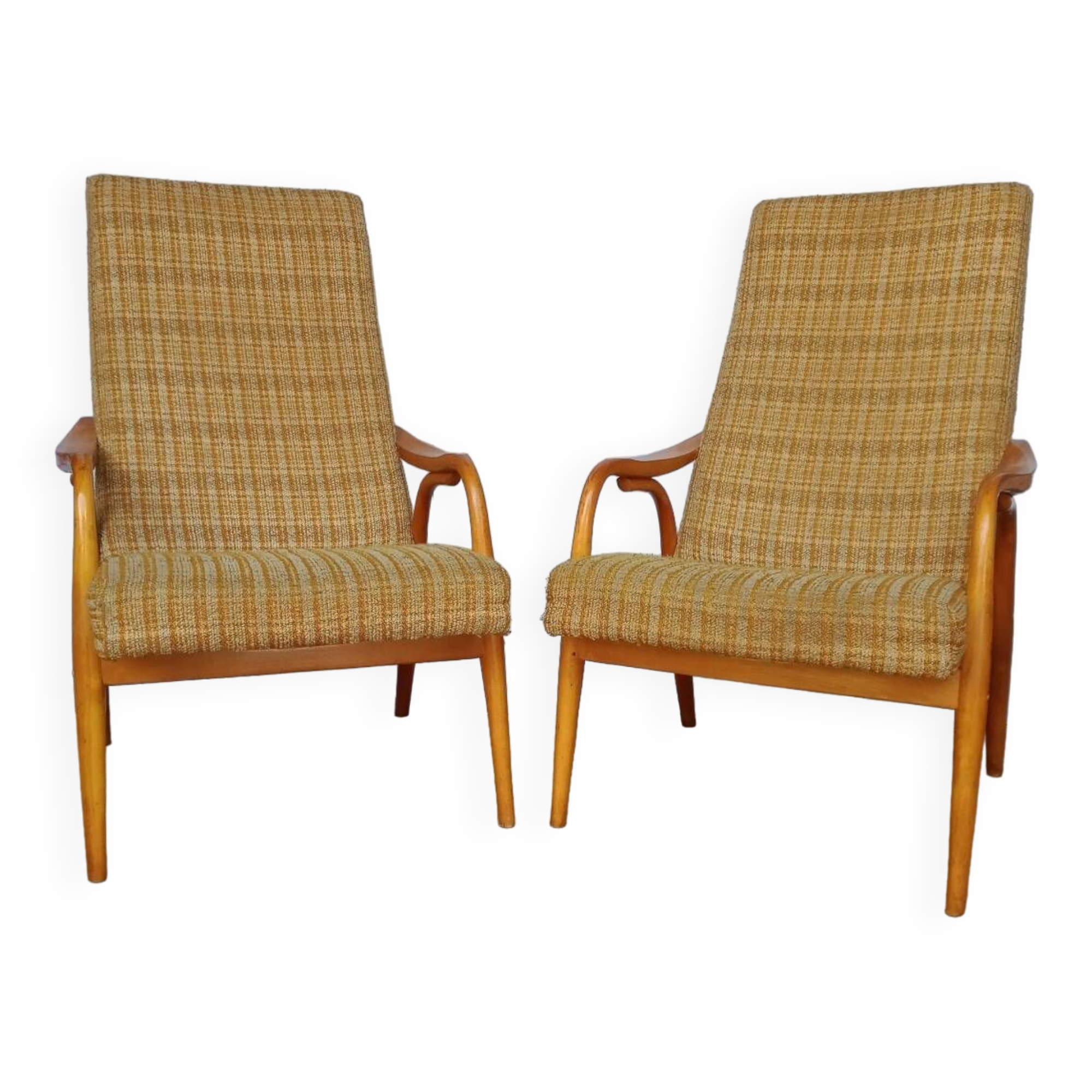 60s wood and fabric armchairs