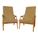 60s wood and fabric armchairs