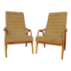 60s wood and fabric armchairs