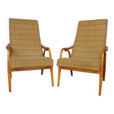 60s wood and fabric armchairs