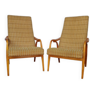 60s wood and fabric armchairs