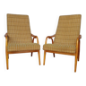 60s wood and fabric armchairs