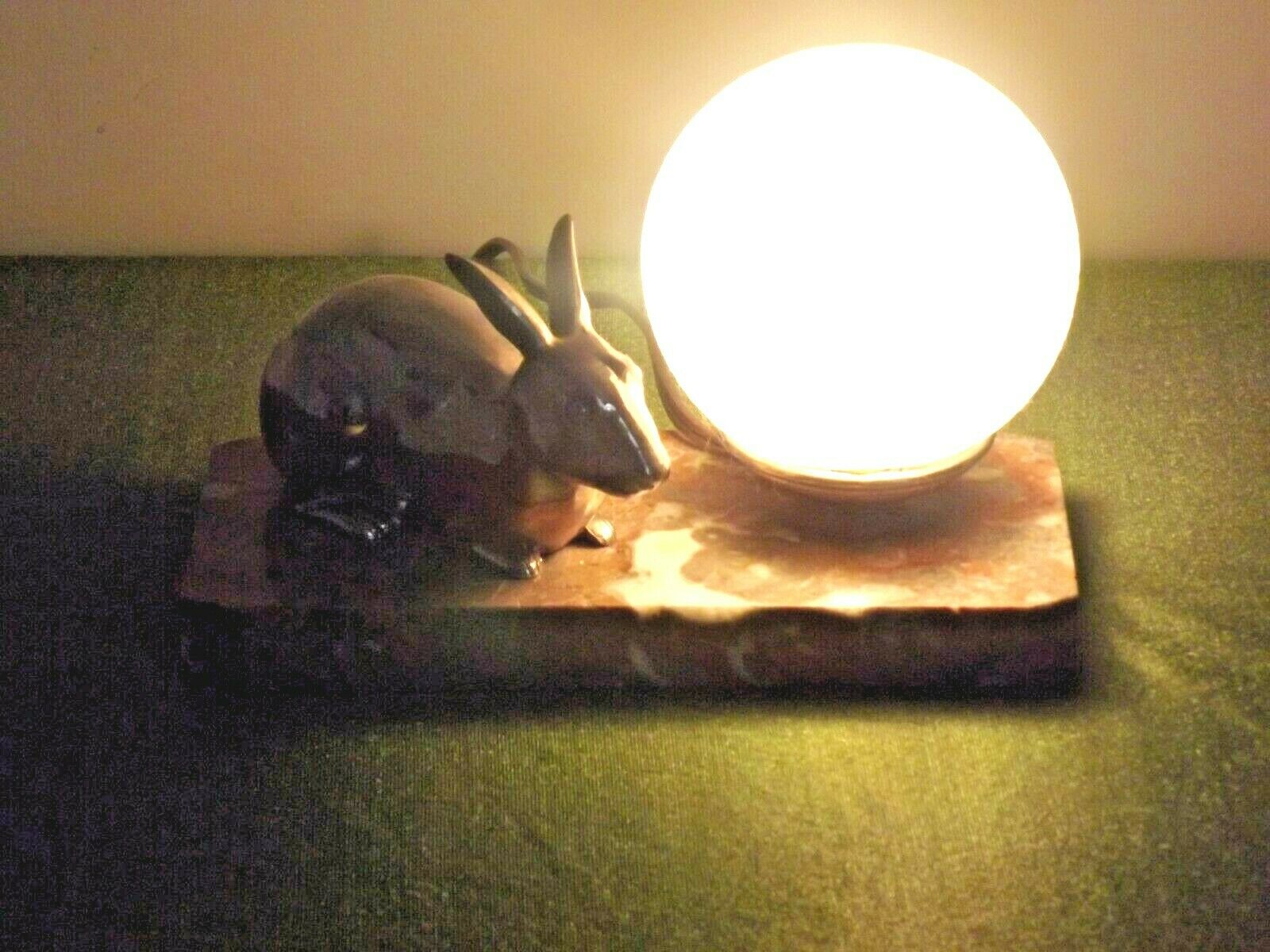 French Art Deco Lamp Marble Base Silver Metal Rabbit Crackle Ball Shade 3365