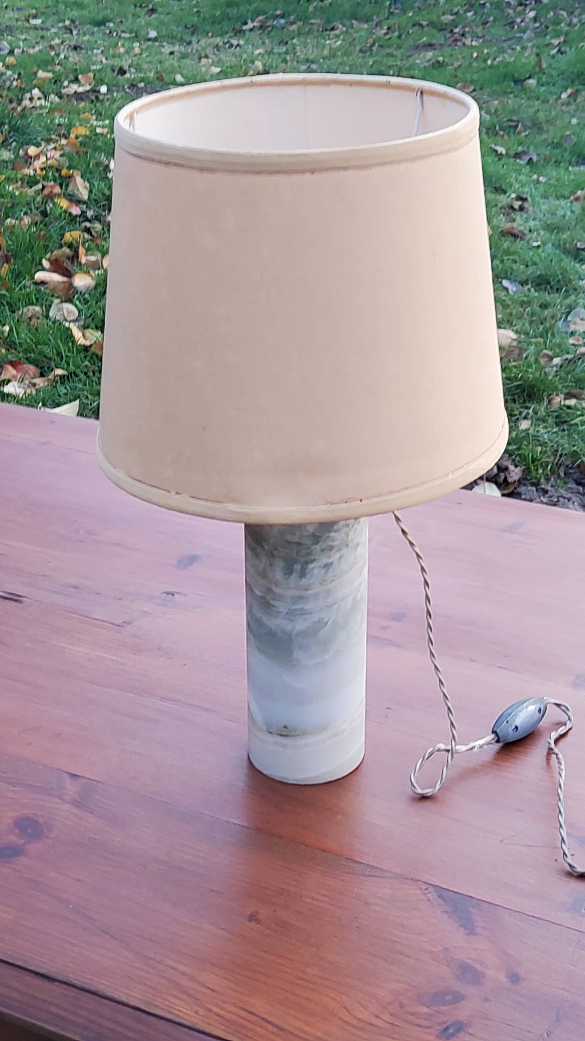 Designer lamp from the 70s in almond green onyx with original fabric shade