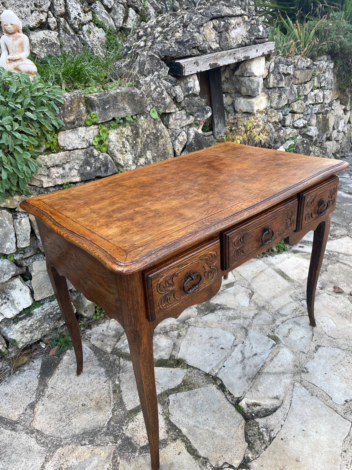 Louis XV style carved solid oak writing table, 19th century