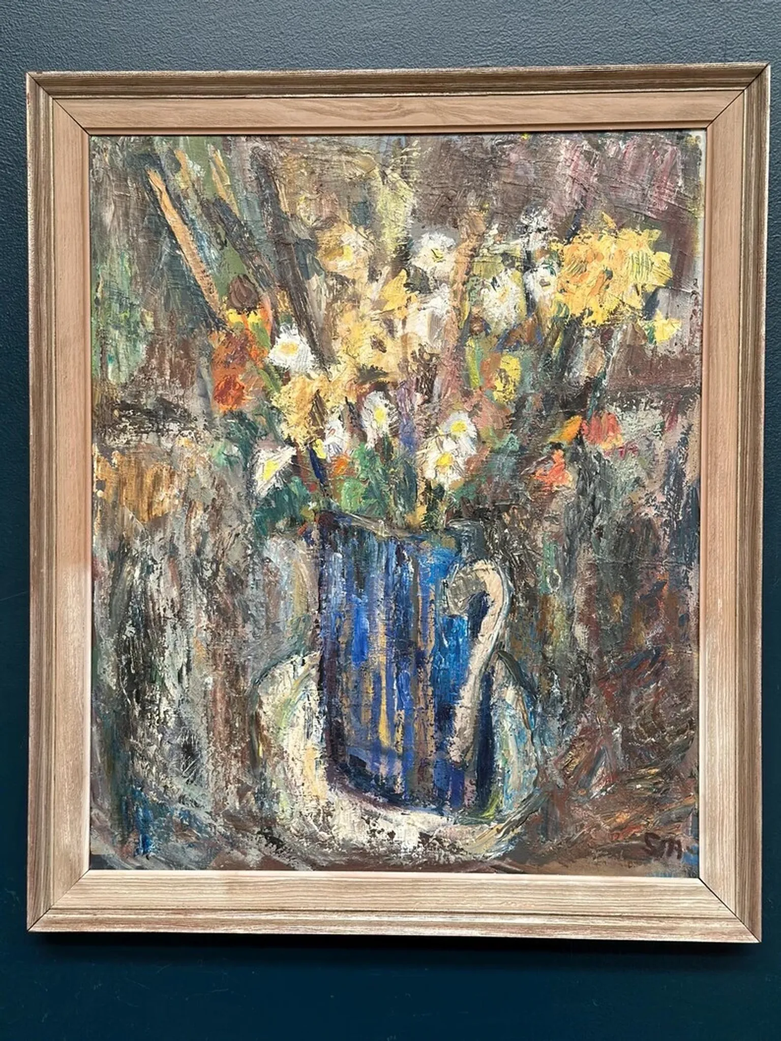 Original Swedish Oil on Panel – “Flowers in Blue Vase” by Sven Age – Signed – Vintage & Framed – 73 × 63 cm (28.7" × 24.8")