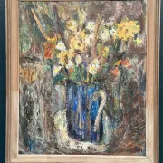 Original Swedish Oil on Panel – “Flowers in Blue Vase” by Sven Age – Signed – Vintage & Framed – 73 × 63 cm (28.7" × 24.8")