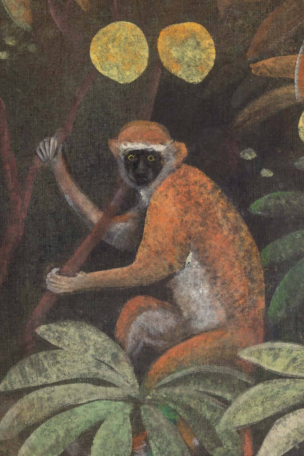 Painted canvas depicting animals on an exotic background. Contemporary.