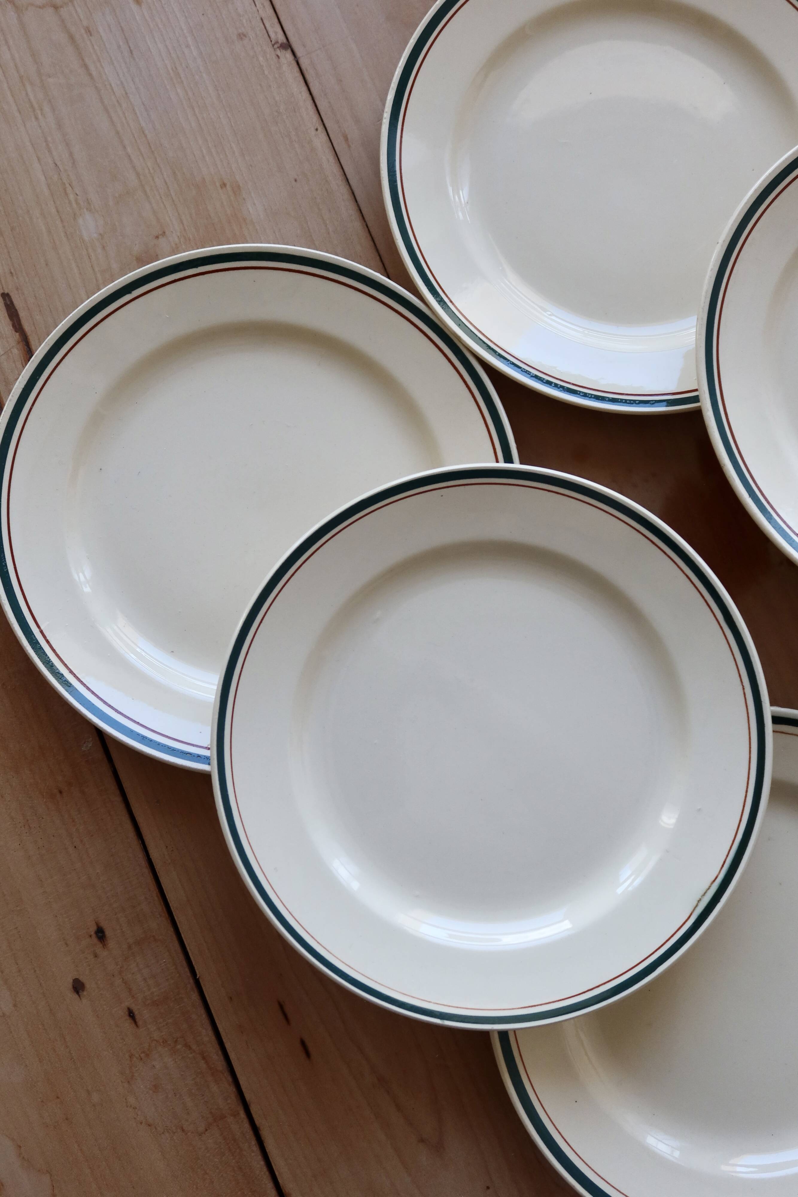 6 assiettes à dessert vintage faïence beige double liseré multicolore