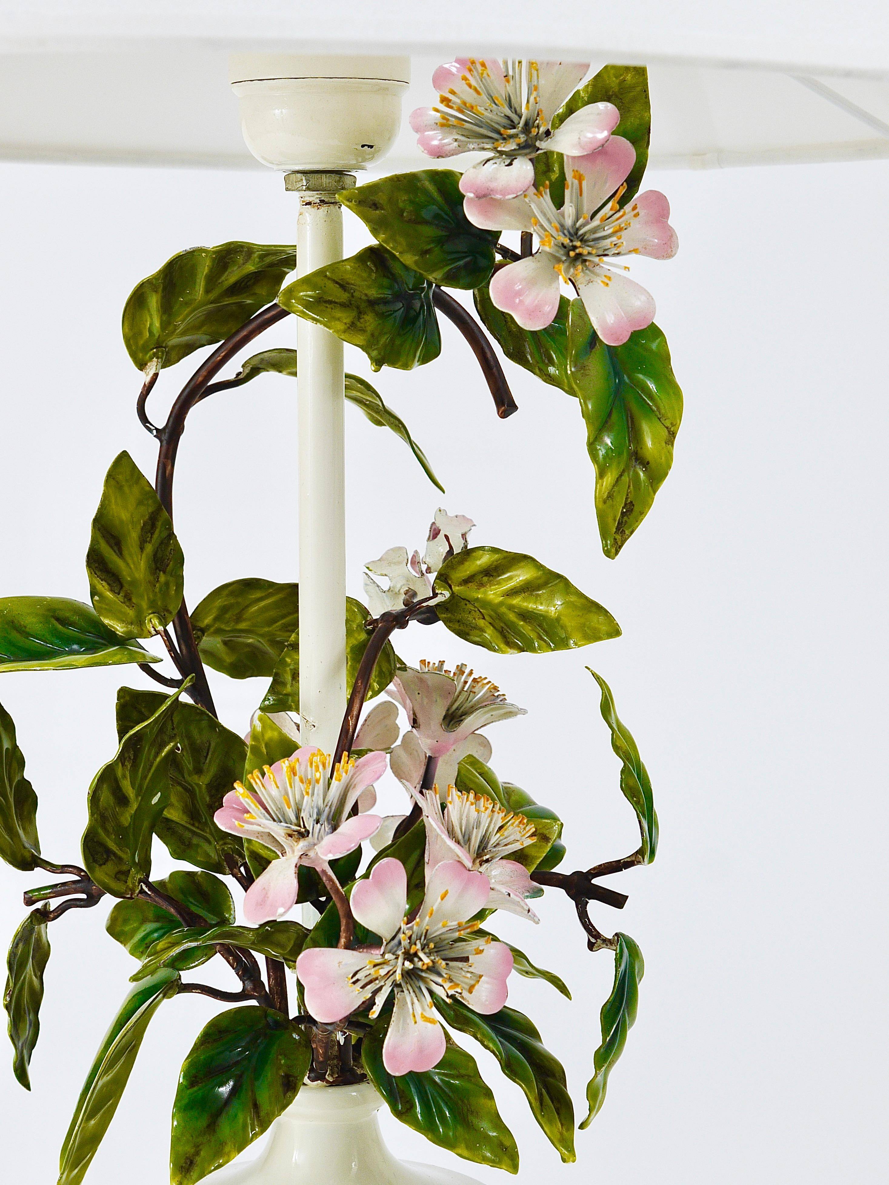 Hand-painted Toleware table lamp with wild apple blossom flowers, Salvadori, Italy, 1950s.
