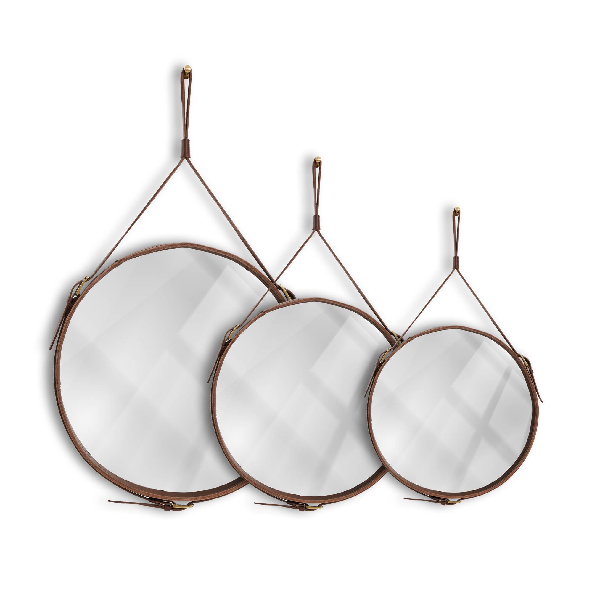 Handmade J. Adnet style mirror in brown vegetable-tanned leather, ø 45 cm