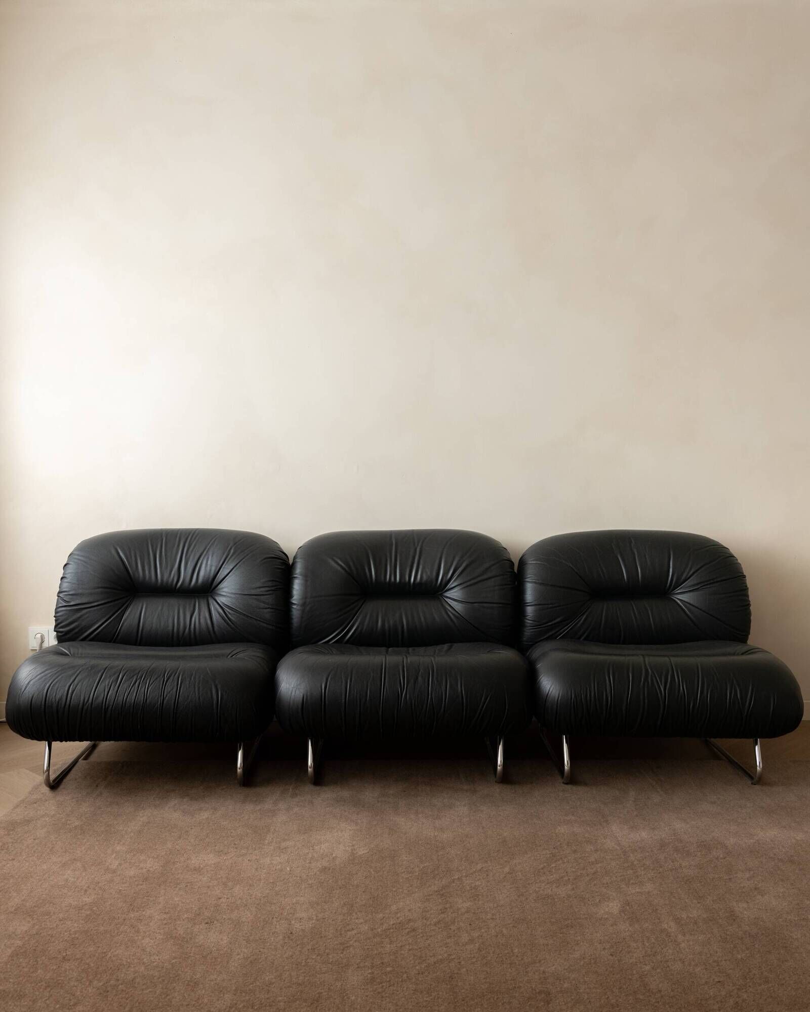 Italian Leather and Chrome Lounge Chairs, 1980s, Set of 3