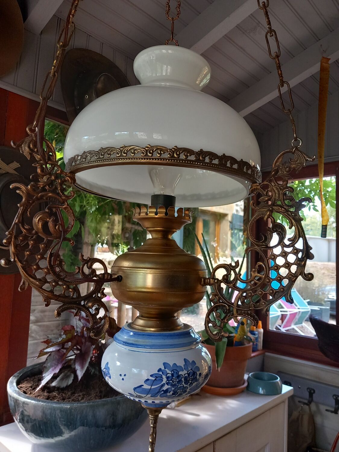 Old white opaline chandelier, brass and earthenware