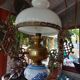Old white opaline chandelier, brass and earthenware
