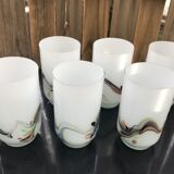Pitcher orange service and 6 bubbled and opalescent puffed milky glasses