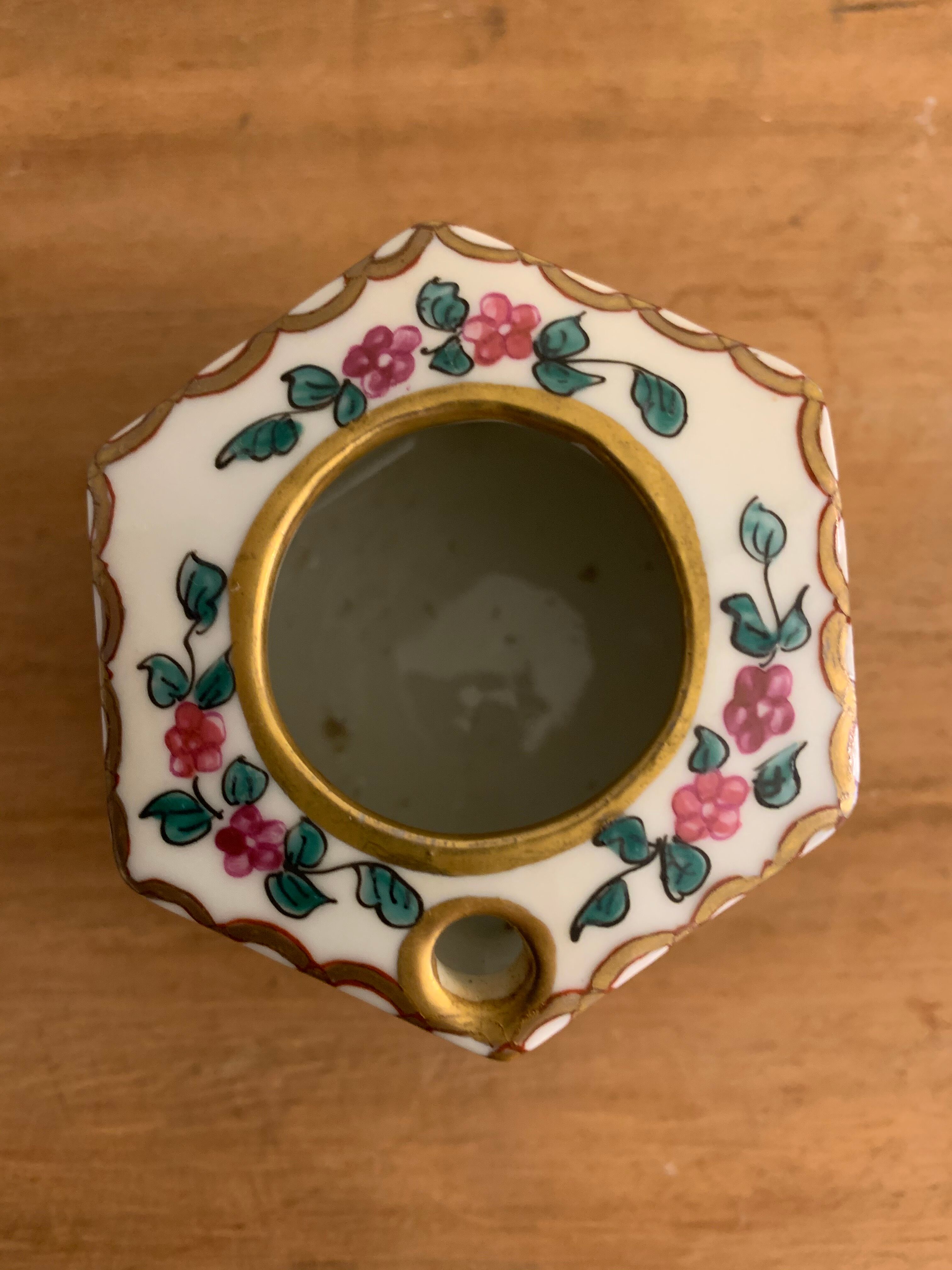 20th century polychrome porcelain inkwell floral decoration