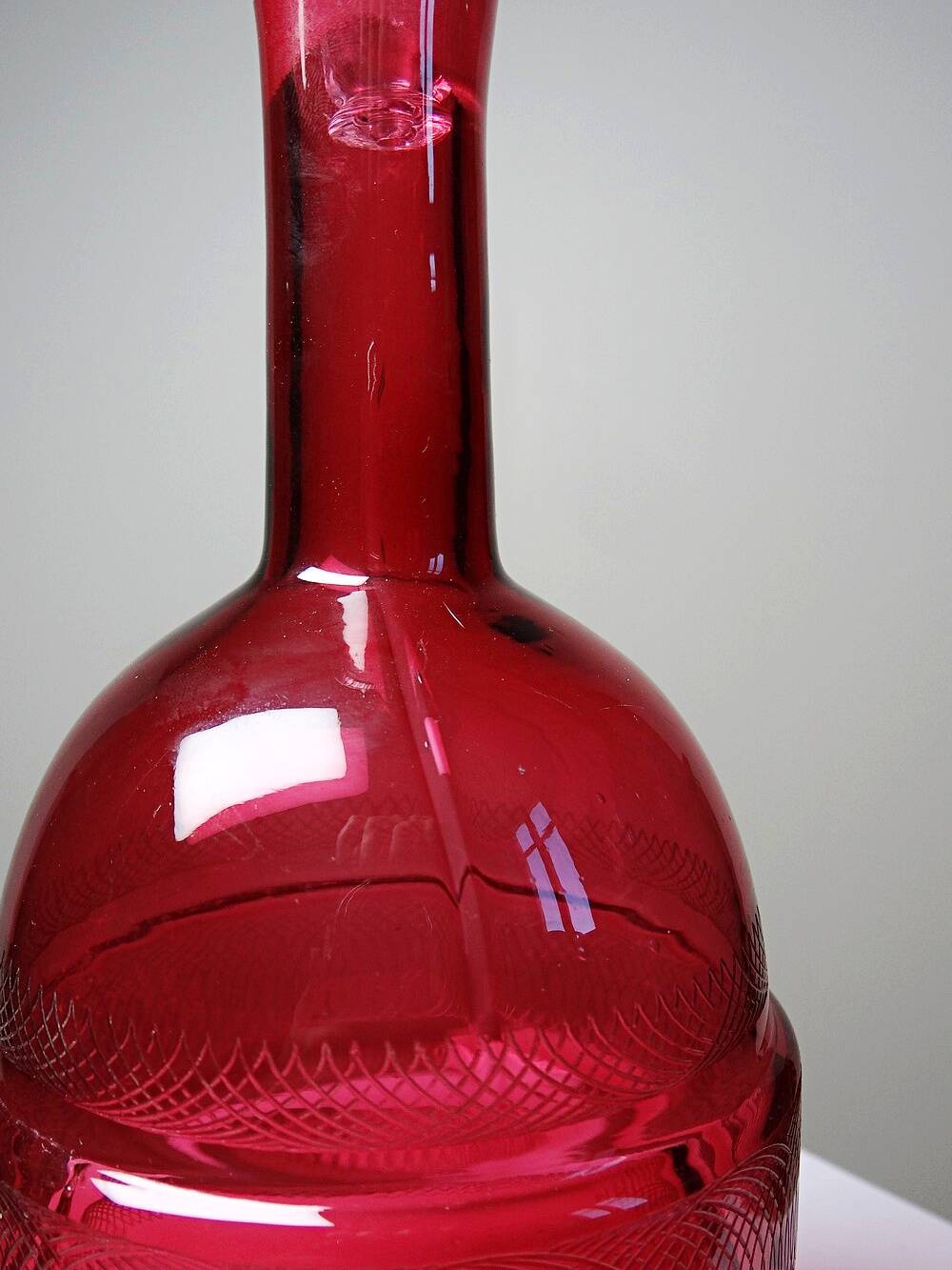 Small carafe, glass/crystal, antique ruby glass, engraved, 19th-20th century.