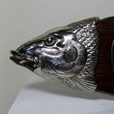 Large vintage 1960s wooden and silver-plated metal salmon serving tray