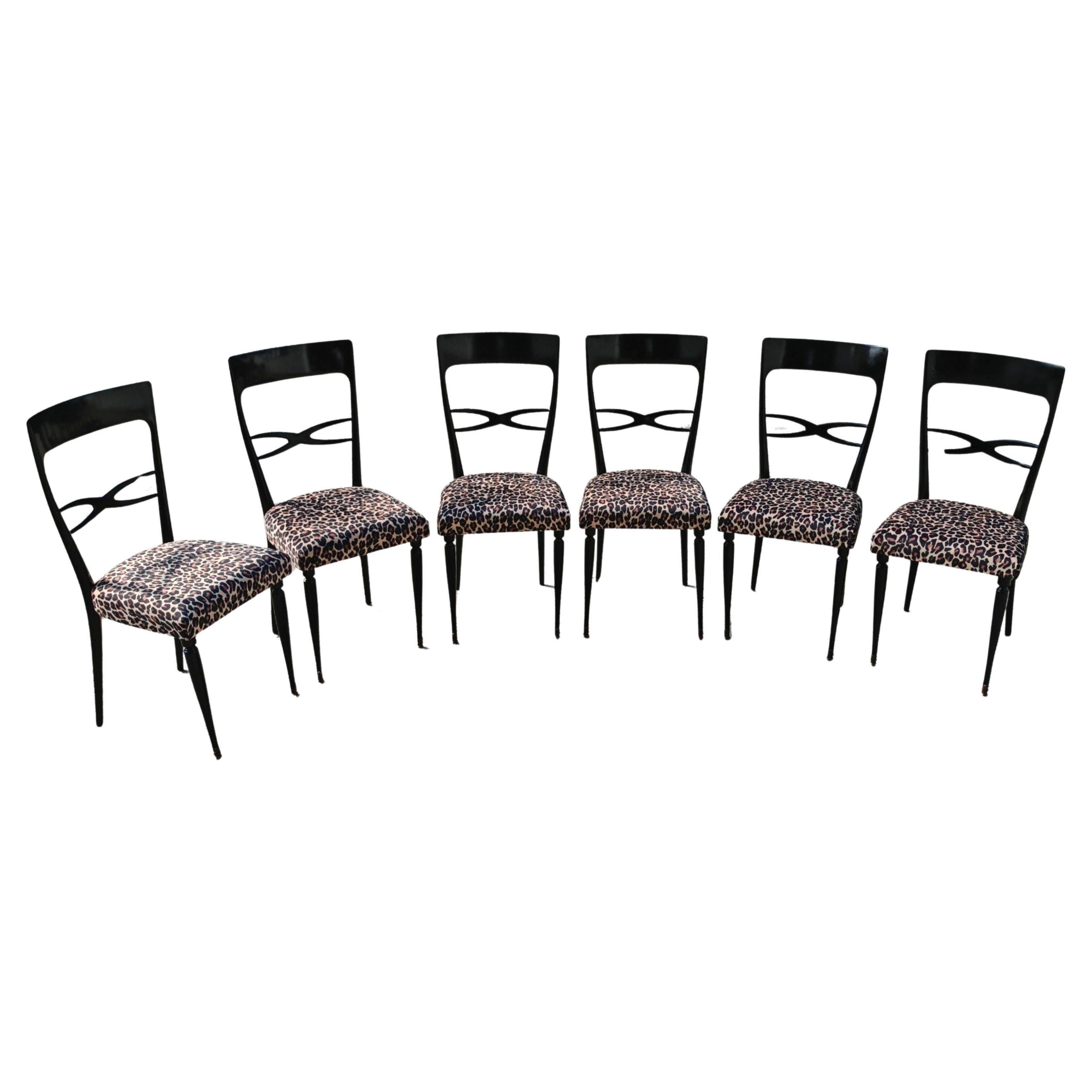 Set de 6 chaises salle à manger Mid Century laque noire peluche imprimé léopard
