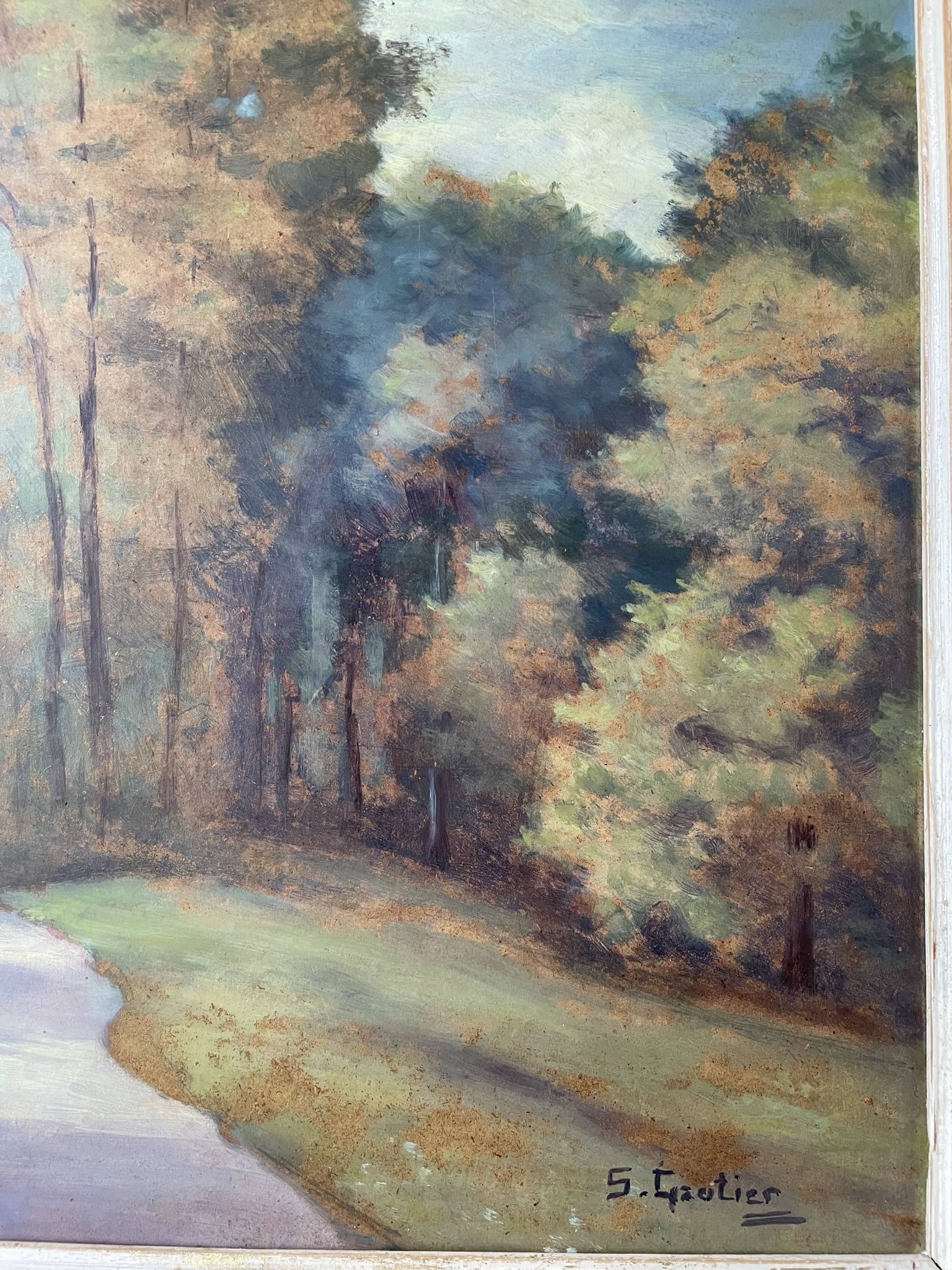 Tableau ancien paysage de forêt signé S.Gautier