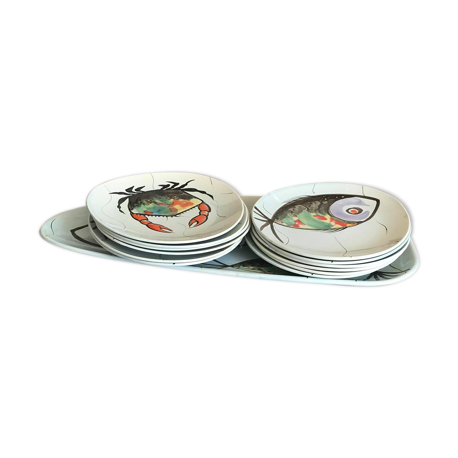 Set de 12 assiettes plates et grand plateau Poisson fruits de mer faïence Pornic France 60s