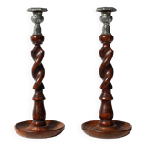 Pair of French Barley Twist candlesticks in wood with silver-plated bobeche