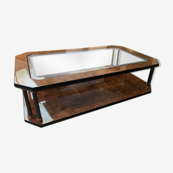 Table basse vintage loupe d'orme et verre