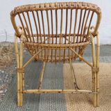 4 armchairs and a coffee table made of rattan and bamboo wood, vintage.