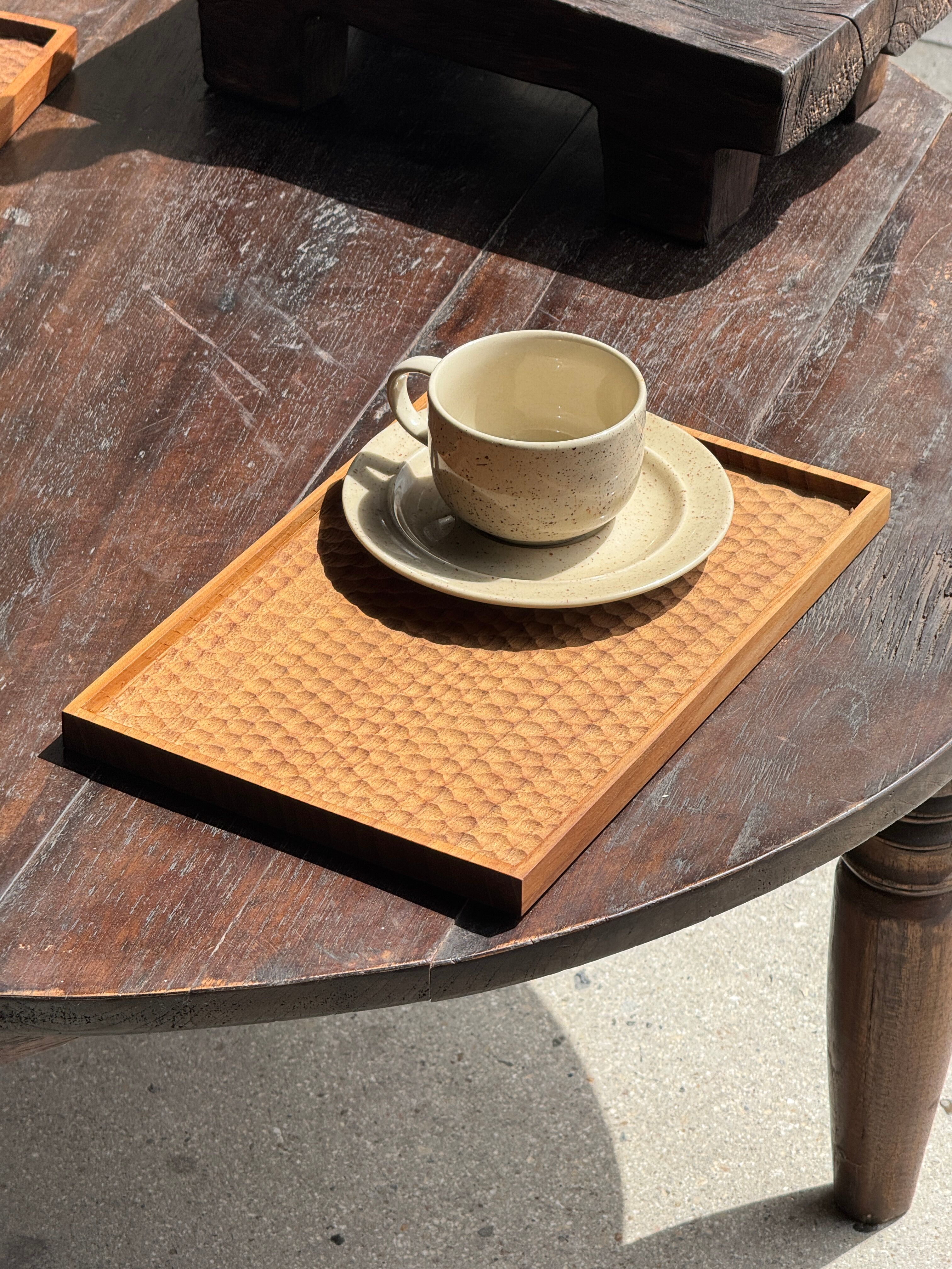 Rectangular solid teak plateau with carved edges 27x18.