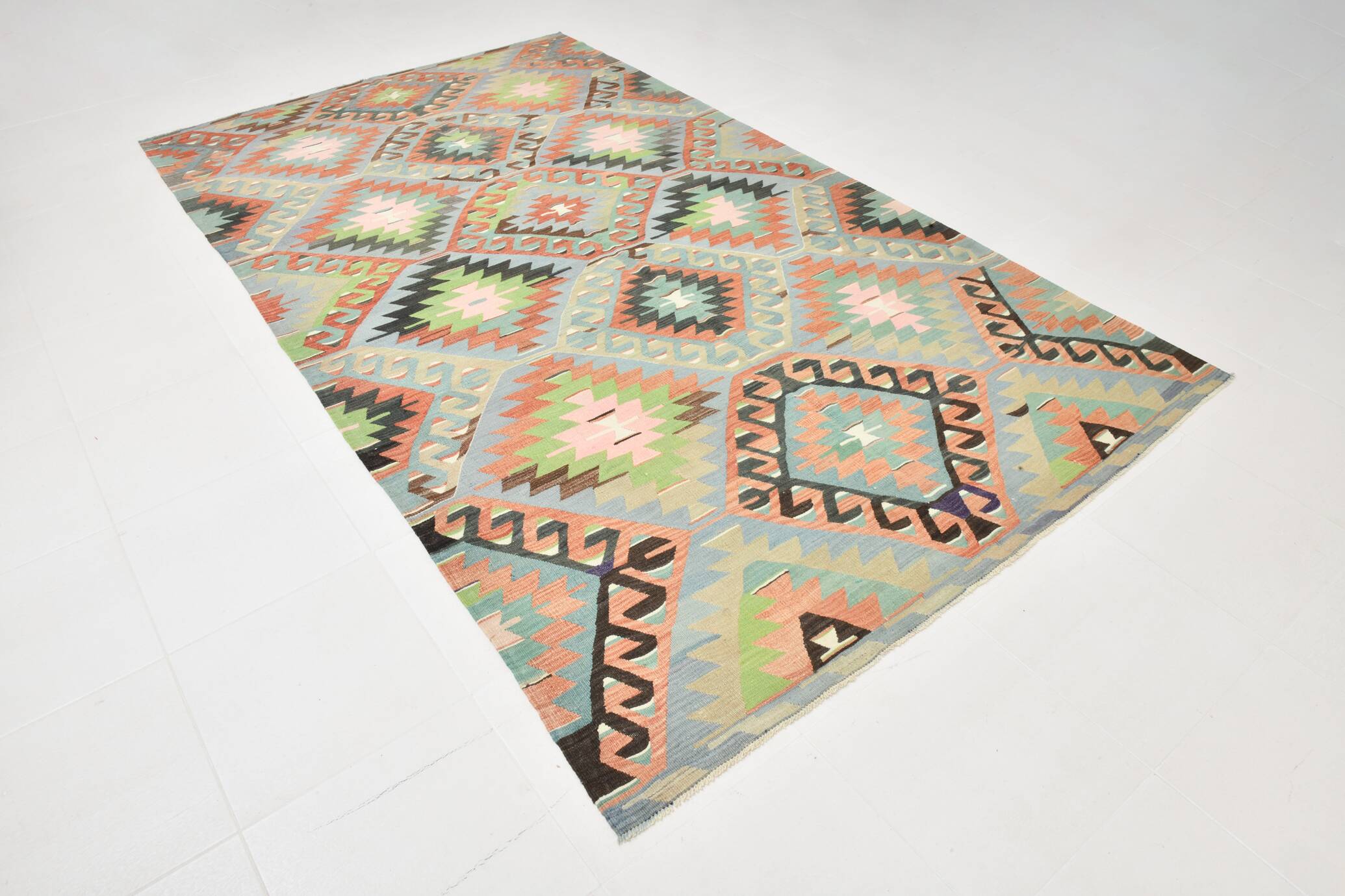 6x10 Light Blue & Green Goemetric Kilim Rug, Handmade Wool Bedroom Carpet
