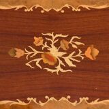 Serving table and rolling bar with drop leaves featuring floral marquetry decoration.