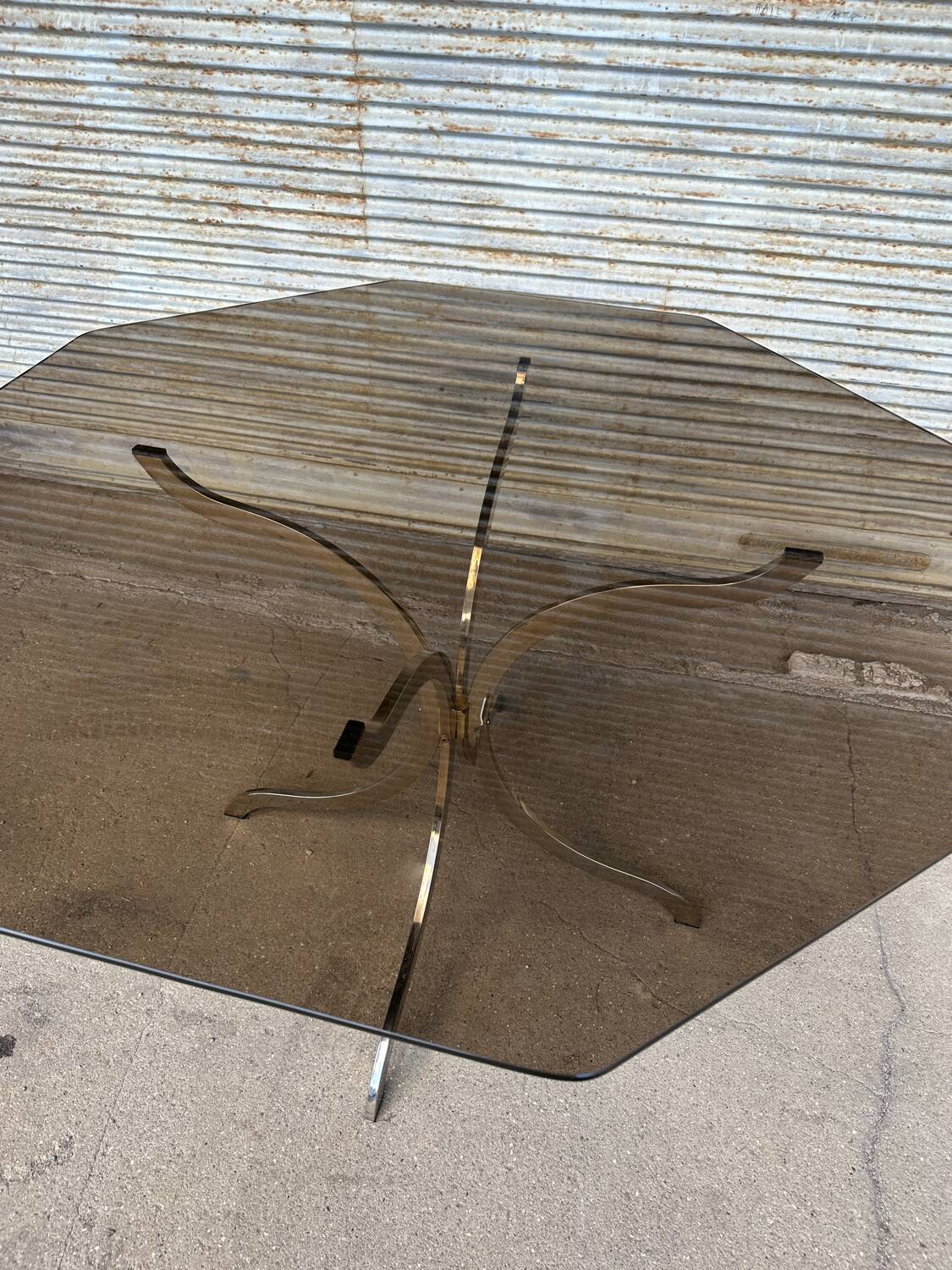 1970s table – chrome, brass, and smoked glass