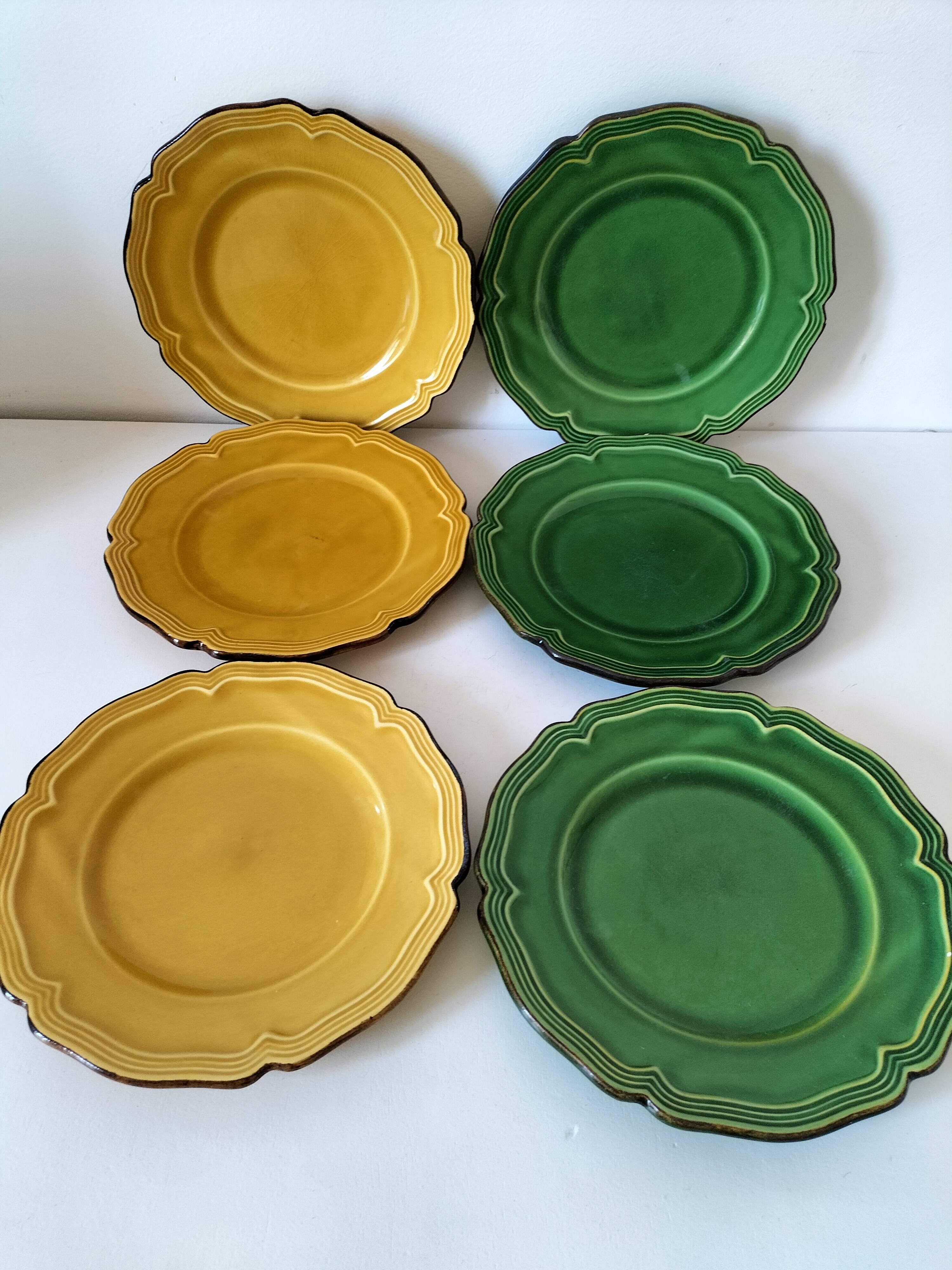 6 Dieulefit plates R. Milon green and yellow glazed earthenware