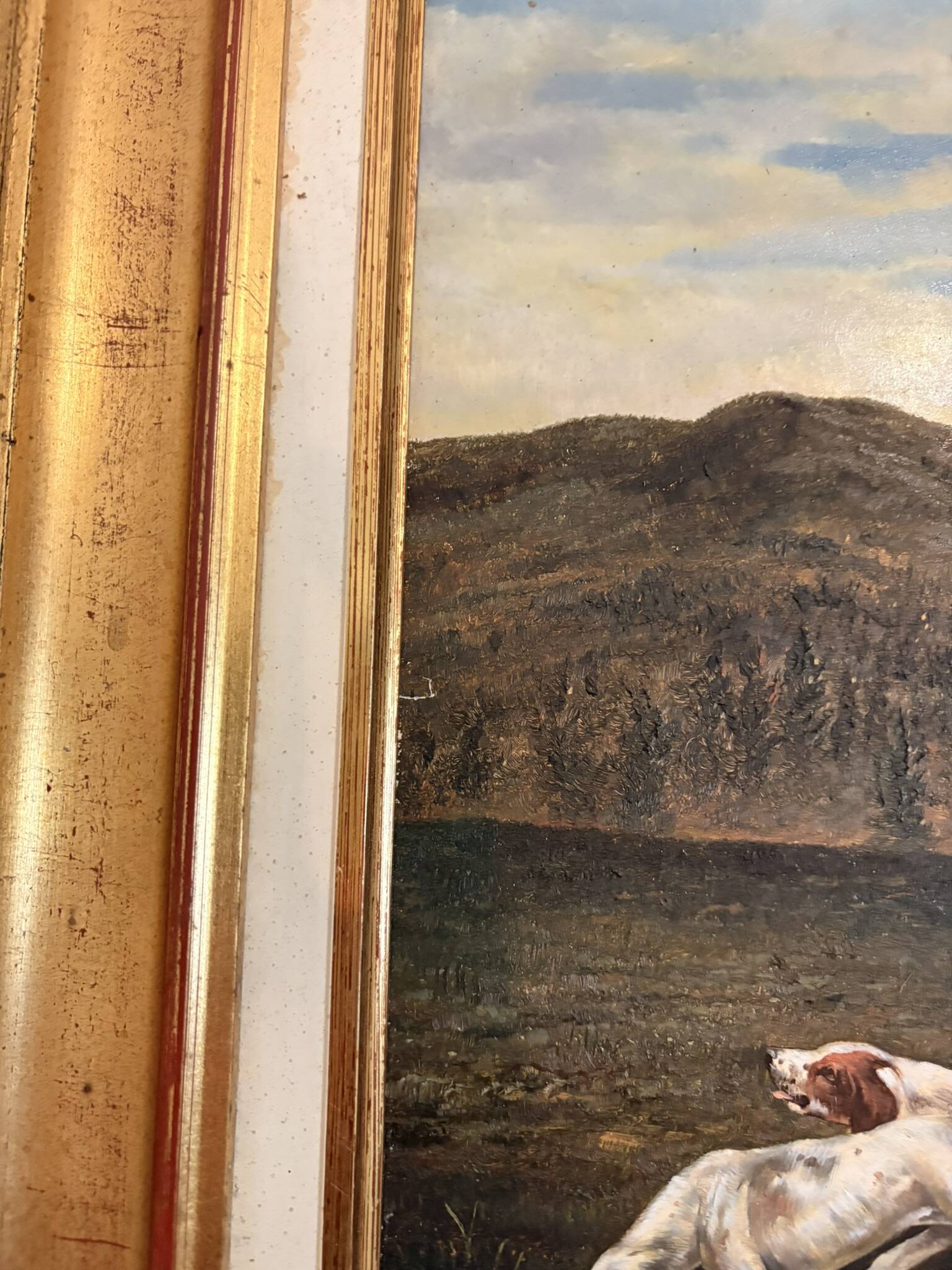 Oil Painting on Wood Panel with Golden Frame, English Hunting Dog