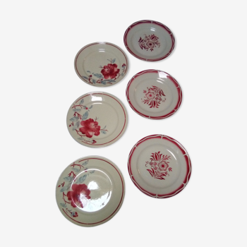 Assortiment de 6 assiettes plates dominante rouge Digoin KG Lunéville