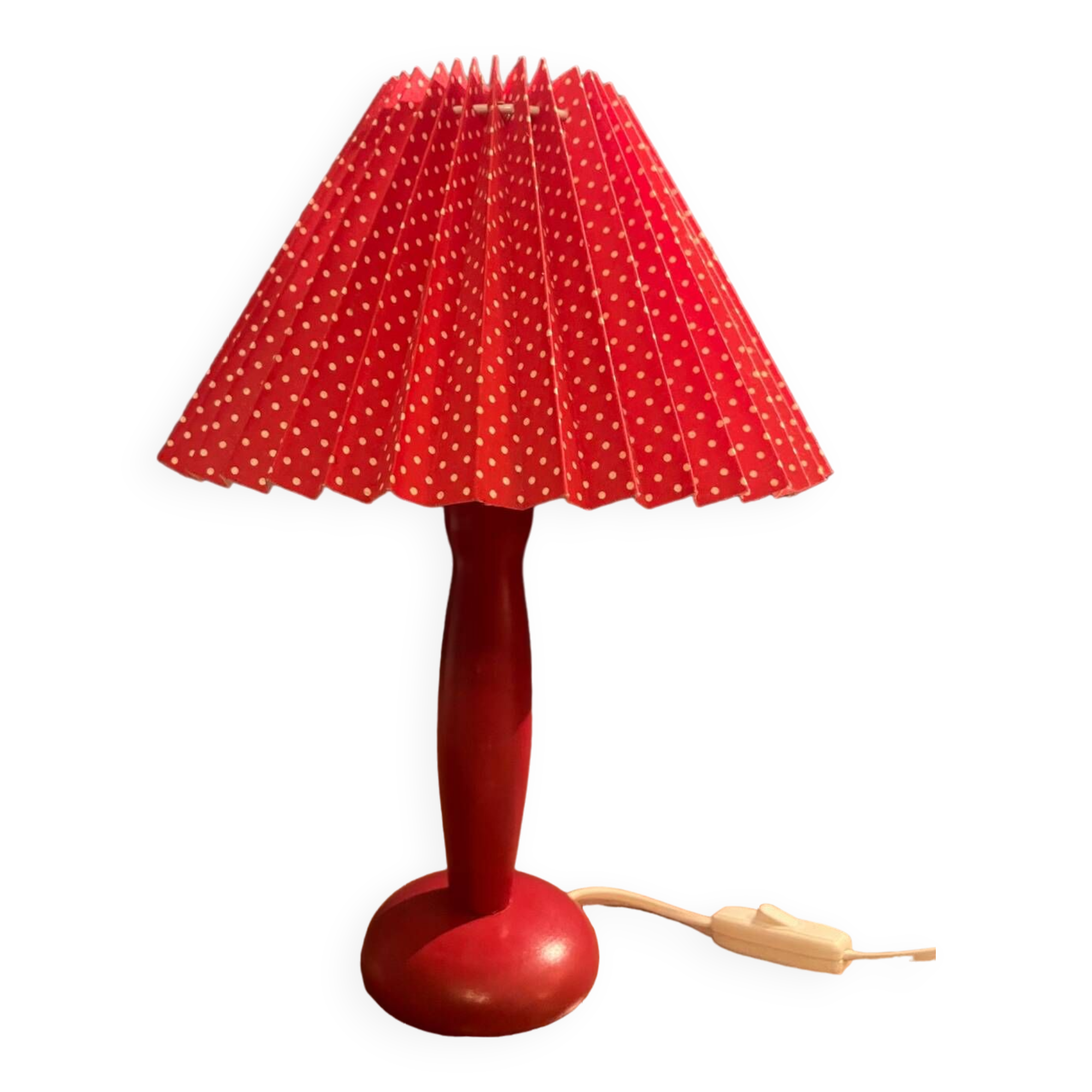 Wooden foot lamp with folded cardboard lampshade