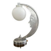 Moon lamp with face in aluminum and white opaline circa 1930