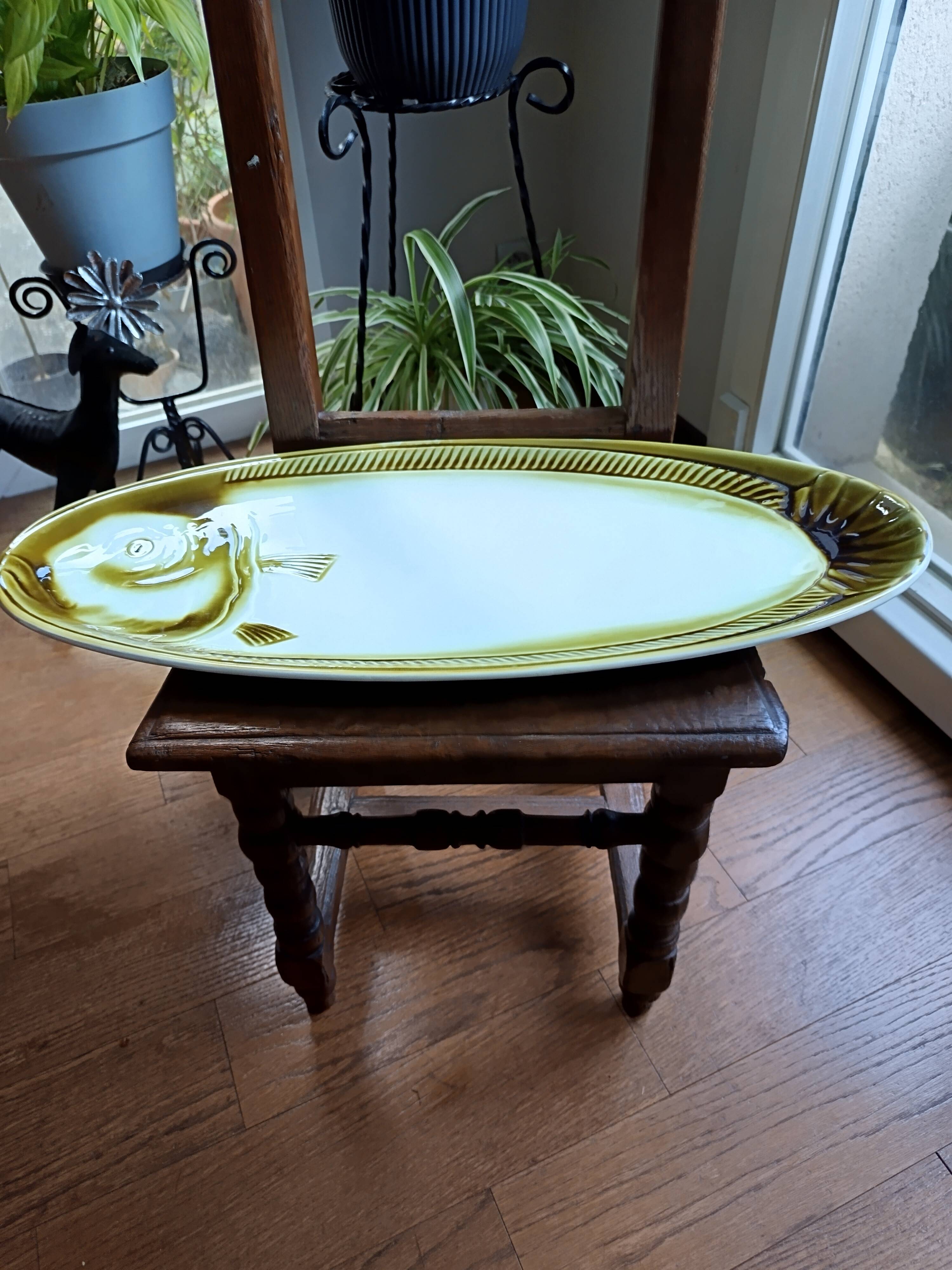 Large ceramic dish in the shape of a fish, Moulin des Loups brand