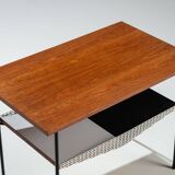 Sidetable with teak top and black and white storage shelves