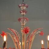 Venetian chandelier in colorless and red Murano glass, 5 light arms, circa 1950