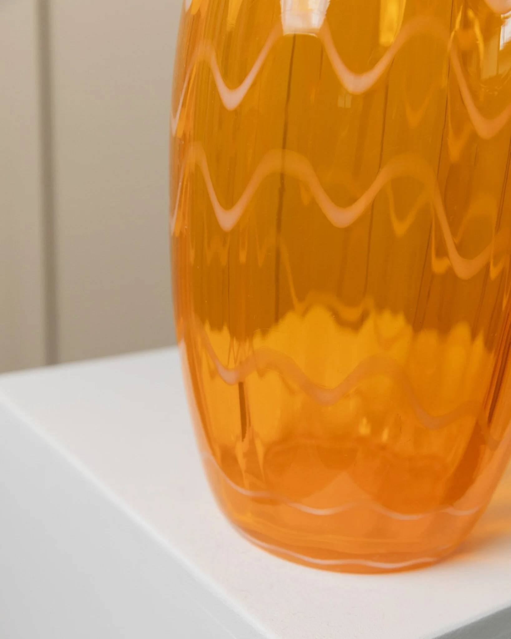 Orange Murano glass vase, XL 34cm, 1970s Italy, white stripes and wavy rim