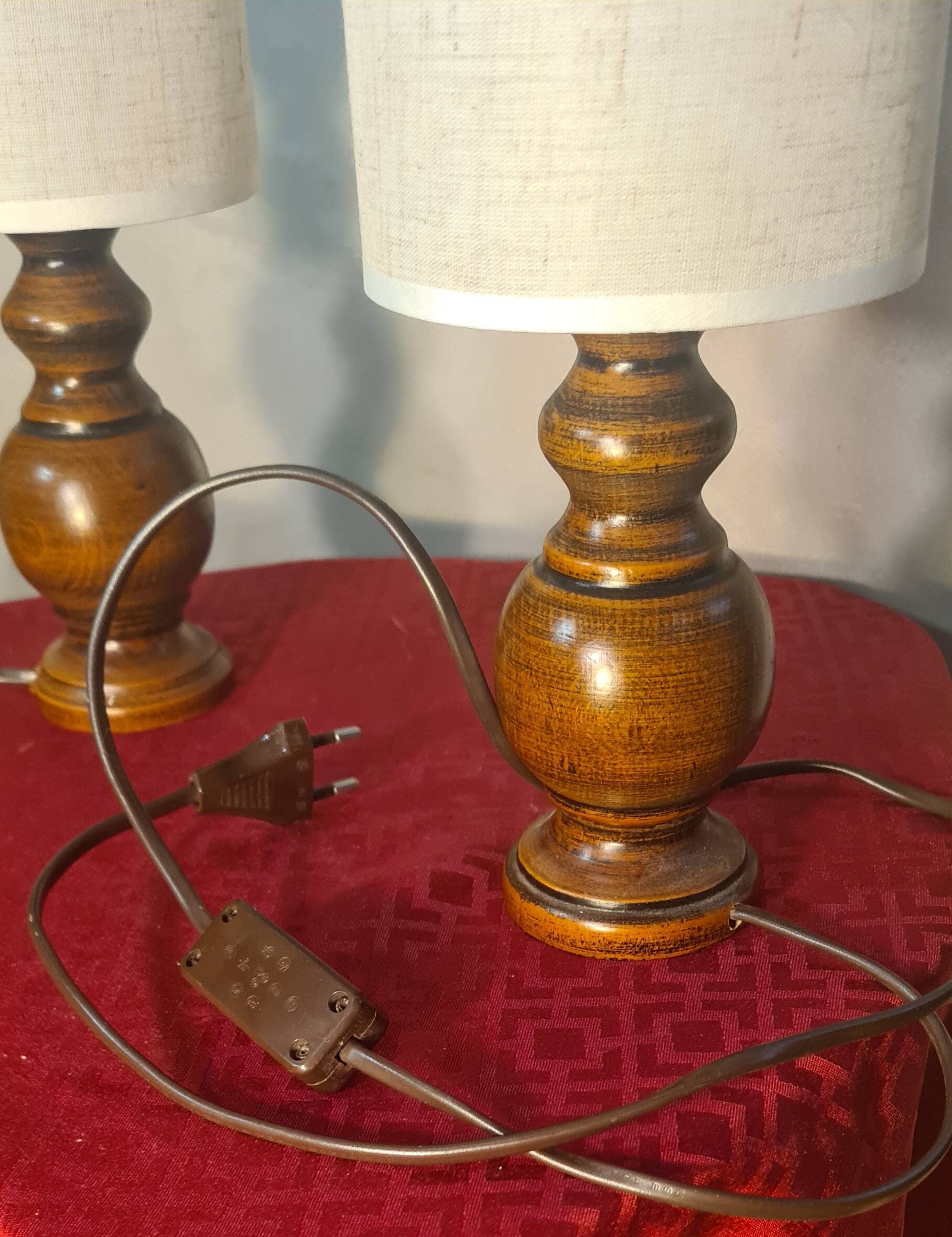 Pair of Scandinavian wooden lamps with linen shades 40x12 electric ok