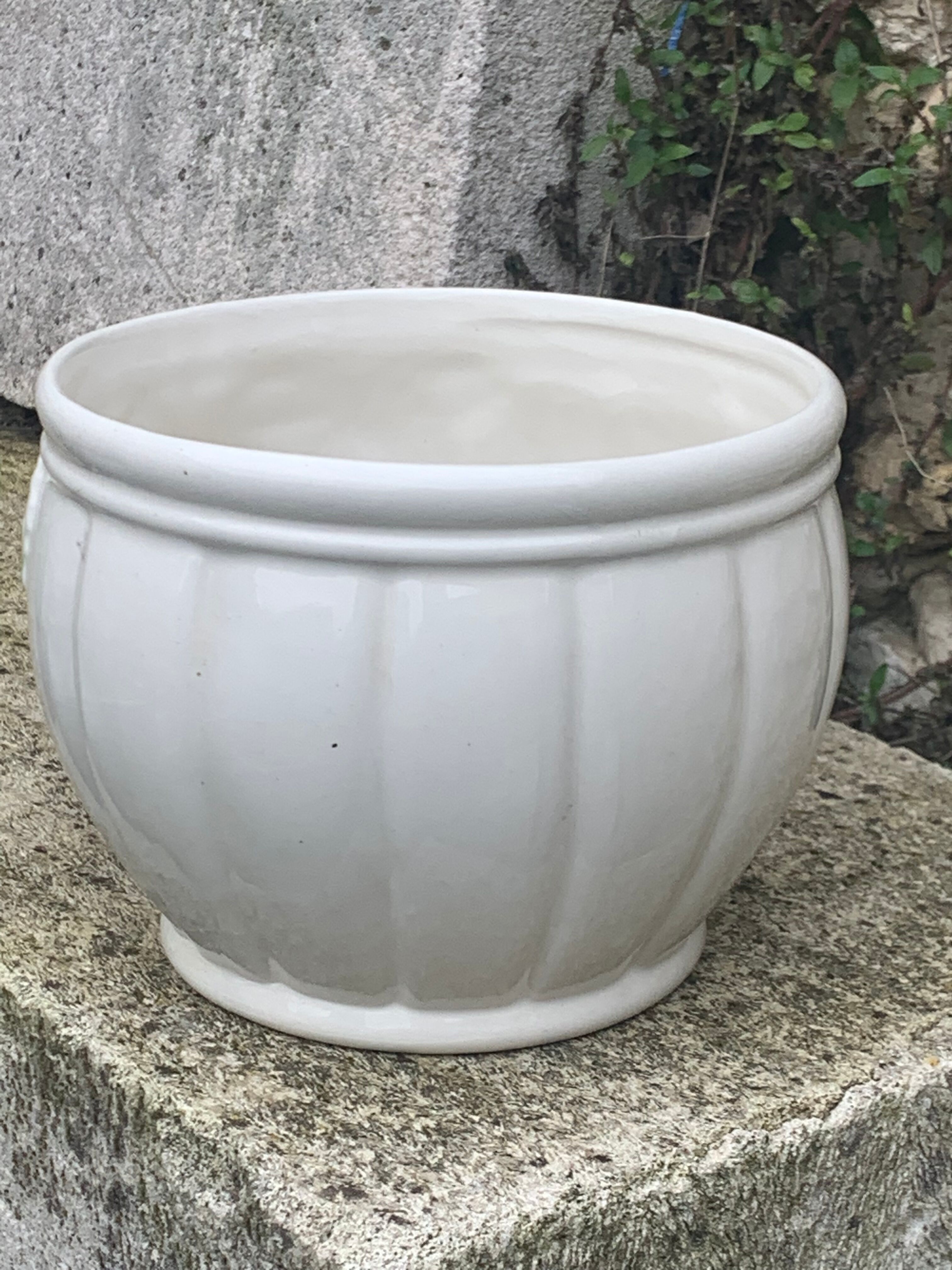 White glazed ceramic pot cover slurry vintage fruit
