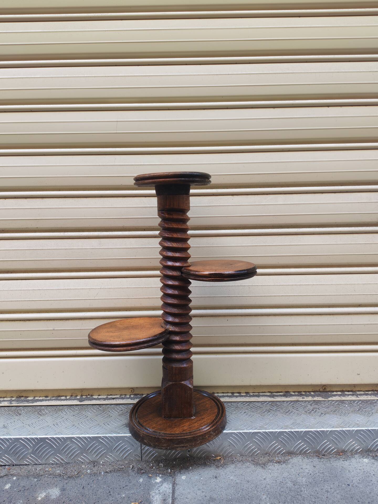 Turned wooden gueridon side table, solid turned, Charles Dudouyt style, 1960.