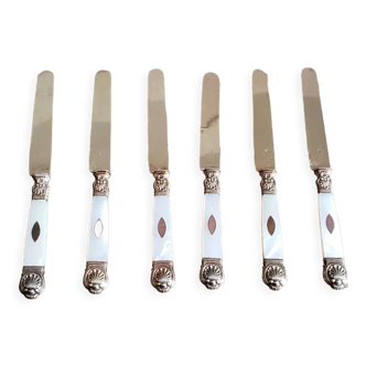 6 mother-of-pearl and vermeil dessert knives